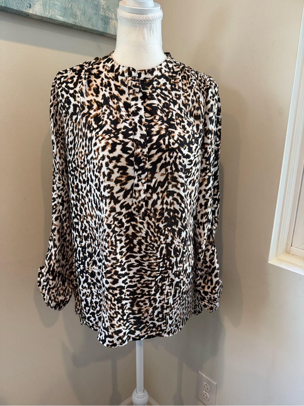 a.n.a Leopard-Print Long Sleeve Blouse - Black, White & Brown